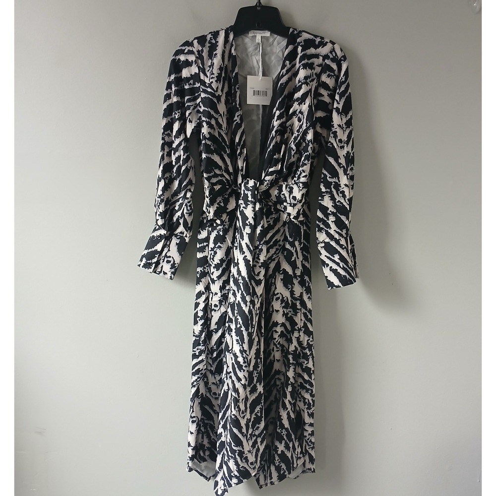 Ipponelli Women's Size Large Midi Dress Deep V-Neck Button Sleeve Striped NWT!!!